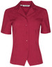 A short-sleeve overblouse in a rich burgundy colour with a collar and a single chest pocket. Features a logo.