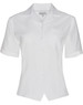 A white women's short sleeve overblouse with a button front and a pocket, featuring a logo.