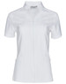 A white short sleeve tunic with a full zip front, featuring a fitted design and a logo.
