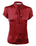 Red satin blouse with short sleeves and a tie neck detail, featuring a button-down front and a logo at the collar.