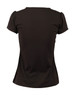 A black women's blouse with ruffle front detail and short sleeves, featuring a fitted silhouette from the back.