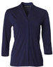 A navy mid sleeve knit top with a collar, featuring a simple design and a logo on the label.