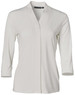 A white mid-sleeve knit top with a V-neck design. Features a minimalistic style and a logo tag.