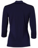A navy blue mid-sleeve knit top featuring a shawl collar and a logo on the back.
