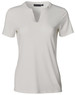 A ladies' V-neck short sleeve knit top in a soft off-white colour, featuring a tab detail at the neckline and a logo.
