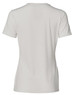A light grey ladies' V-neck short sleeve knit top with a smooth finish and a logo on the back.