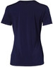 A navy blue ladies' V-neck short sleeve knit top with a smooth finish and a logo.