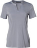 A grey ladies' V-neck short-sleeve knit top with a tab detail and a logo at the neck.