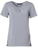 A light grey ladies' round neck short-sleeve knit top with pleats, featuring a logo on the label.