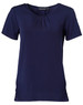 A navy ladies' round neck knit top featuring pleats and short sleeves, with a logo on the neckline.