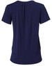 A navy blue ladies' short-sleeve top with pleats at the back and a round neckline, featuring a logo.