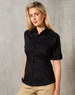 A short sleeve military shirt in black, featuring a button-up design and two front pockets.
