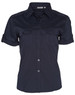 A women's short sleeve military shirt in navy blue with button-up front and two chest pockets. Features a logo.