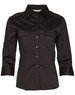 A black women's 3/4 sleeve military shirt featuring button-front closure and chest pockets. The shirt has a logo on it.