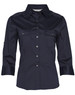 A navy women's 3/4 sleeve military shirt features buttoned pockets and a collared neckline. It has a logo on the label.