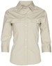 A beige women's 3/4 sleeve military shirt with two chest pockets and a collared design. Features a logo.