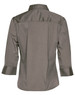 A women's 3/4 sleeve military shirt in olive green, featuring a collared neck and a back yoke. It has a logo.