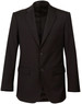 A black wool stretch blazer featuring two buttons and side pockets, with a sleek and tailored design.