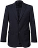 A black wool stretch blazer jacket with two buttons and a single chest pocket.