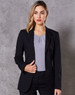 A women's mid-length jacket in black, featuring a tailored fit and a lapel collar, paired with a light grey top.