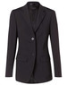 A black women's mid-length jacket with a tailored fit, featuring a two-button closure and lapel collar.