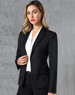 A black wool blend stretch one-button cropped jacket with a fitted silhouette and a single front button.