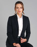 A tailored black cropped jacket with one button, featuring a fitted silhouette and formal style.