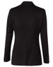 A women's mid-length black jacket with two buttons, featuring a tailored fit and long sleeves.
