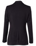 A mid-length women's black jacket with two buttons and long sleeves, featuring a fitted design and back seam detailing.