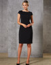 A black cap sleeve dress with a fitted silhouette, featuring a scoop neckline and an elegant design.