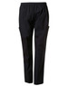 Unisex black scrub pants with an elastic waistband and side pockets, featuring a logo.