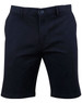 Men's stretch cotton chino shorts in navy, featuring a button closure and front pockets. Includes a logo.