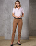 Ladies' Boston Chino Pants in brown, paired with a light pink shirt and a black belt, set against a grey backdrop.