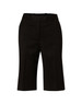 Knee-length black shorts with a flexi waist, featuring a button and belt loops, made from poly/viscose stretch fabric.