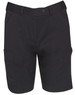 Black ladies' utility cargo shorts featuring multiple pockets and a button closure, with a branding logo.