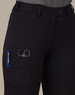 A pair of black ladies' utility cargo shorts with pockets, featuring a pen and scissors attached.