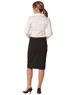 A women's black mid-length lined pencil skirt in wool stretch, worn with a white shirt and black heels.