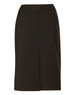 A mid-length lined pencil skirt in dark green wool stretch, featuring a back zip and tailored design.