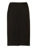 A women's mid-length lined pencil skirt in black wool stretch, featuring a back zipper and a simple design.