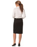 A black mid-length lined pencil skirt in poly/viscose stretch, paired with a white shirt and heels, viewed from the back.