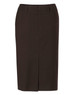 A mid-length lined pencil skirt in dark brown, made from poly/viscose stretch. Features a back zip and waistband.