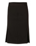A black pleated skirt made from wool stretch fabric, featuring front slits and a sleek, tailored design.