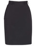 A black ladies' utility cargo skirt featuring pockets and a sleek design. The garment includes a belt for adjustment.
