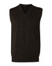 A dark-coloured, sleeveless V-neck vest made from 100% Merino wool, featuring a ribbed hem and a small logo.