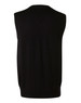 A black men's 100% Merino wool V-neck vest, featuring a sleeveless design and a fitted bottom.