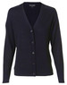 A women's black 100% Merino wool long-sleeve cardigan with a button front and v-neck design. It features a logo.