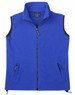 A blue unisex polar fleece vest featuring zippered pockets and a high collar. It has a logo on the chest.