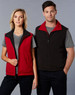 A unisex reversible vest featuring red and black colours, displayed on a male and female model. It includes a logo.