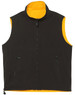 A unisex reversible vest featuring a black exterior and bright orange interior, with two zippered pockets and a high collar.