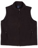 A black fleece vest for kids featuring a zip closure and two side pockets. Includes a logo on the inside label.